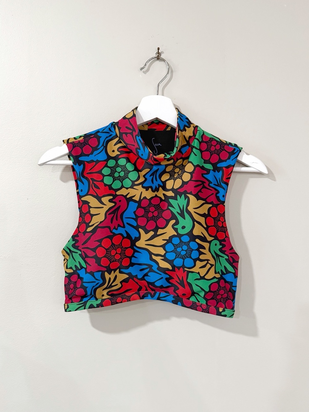 Seea Women M Multicolor Floral Mock Neck Crop Surf Top Retro Y2K Made USA